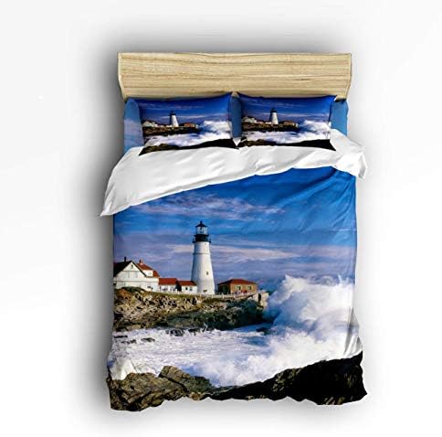 Cloud Dream Home 4 Piece Bedding Set,Lighthouse Beautiful City and Town Scenery Sea Wave Duvet Cover Set Quilt Bedspread for Childrens/Kids/Teens/Adults Queen Size(Large)