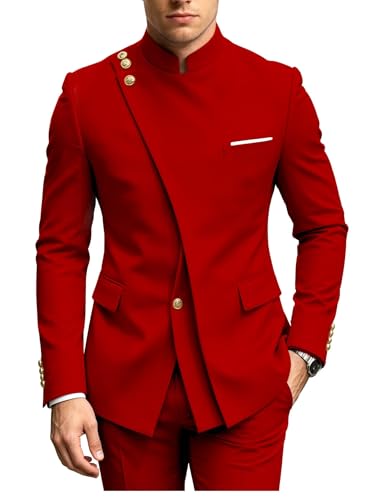 UTESULIDUOPV Red 2 Piece Chinese Tunic Suit for Wedding Slim Fit Traditional Mandarin Collar Gold Button Safari Suits for Men Jacket Pants Set,L Size