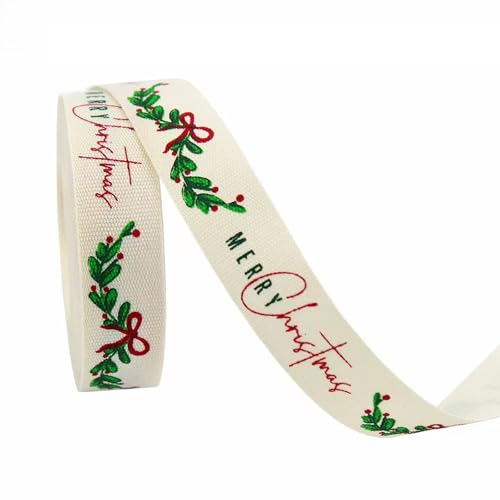 Image of 10 Yards Merry Christmas Cotton Ribbon, 5/8 Inch, Red Green White Merry Wrapping Ribbon for Craft Wreath Decor Bow Flower Bouquet (Holly Leaves)