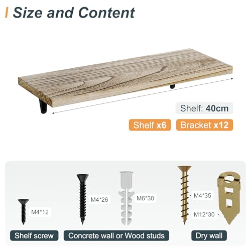 Image of SKYSEN Floating Shelves for Wall Set of 6, 15.7in Wood Wall Shelf for Decor, Bathroom, Bedroom, Storage, Book,Kitchen, Living Room - Rustic Brown(fs-40-l)