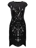 Vijiv Art Deco Great Gatsby Inspired Tassel Beaded 1920s Flapper Dress, Pure Black, XX-Large