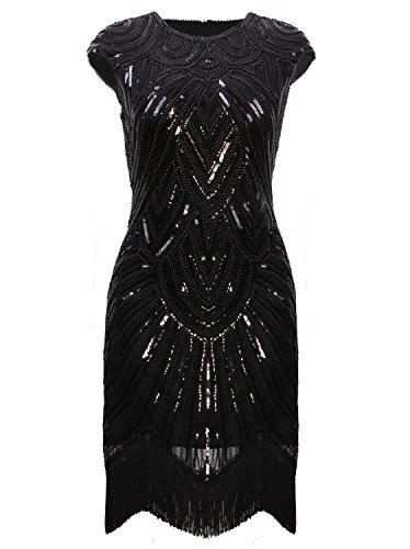 Vijiv Art Deco Great Gatsby Inspired Tassel Beaded 1920s Flapper Dress, Pure Black, XX-Large