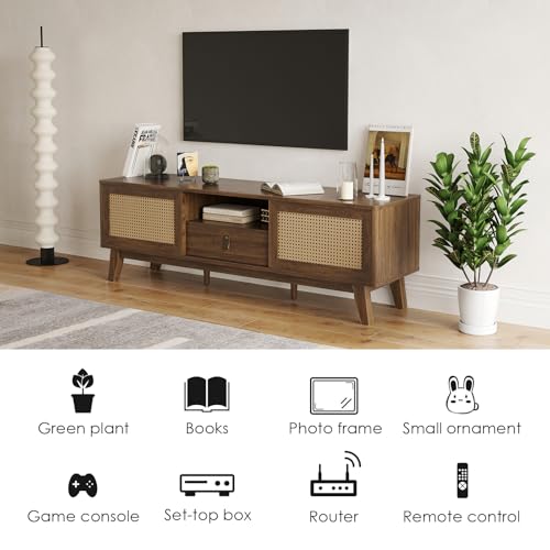 Rattan TV Stand for TVs Up to 70\", Wood TV Stand Mid Century Modern TV Stand TV Media Console with Drawer and 2 Cabinets, Boho Entertainment Center for Living Room - Thumbnail 2