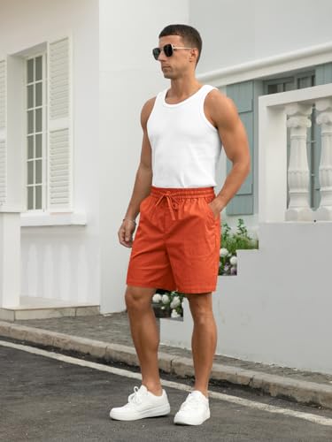 Image of RQP Mens Cotton Linen Shorts Casual Drawstring 7inch Inseam Shorts Stretch Summer Beach Wear