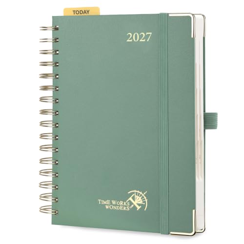 POPRUN Agenda 2027 Journalier 1 Page par Jour A5 Format Moyen(21 x 13.8cm) | Couverture Rigide Spirale,Planner De Jan 2027 à Déc 2027-12 Mois,Avec Règle Signet,Papier 80 g/m²,Vert Minuit