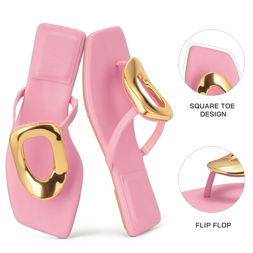 Image of PARTY Square Toe Flip Flops Women,Fashion Designer Thong Sandals with Gold Buckle Trendy Summer Comfort Flat Sandals