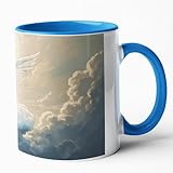 Wunderschöner Tassendruck Der träumende Engel Personalisierbar Tasse Becher Druck Mug Geschenk Engel Wolken Liebe Erinnerung Frieden Reinheit Flügel Himmel Hoffnung (03 blau – mit Motivdruck)