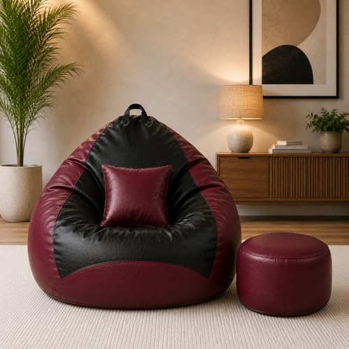 Image of Mansu-Premium Leatherette 4XL Bean Bag Cover with Footrest & Cushion (Without Beans) (4XL) (Maroon Black)