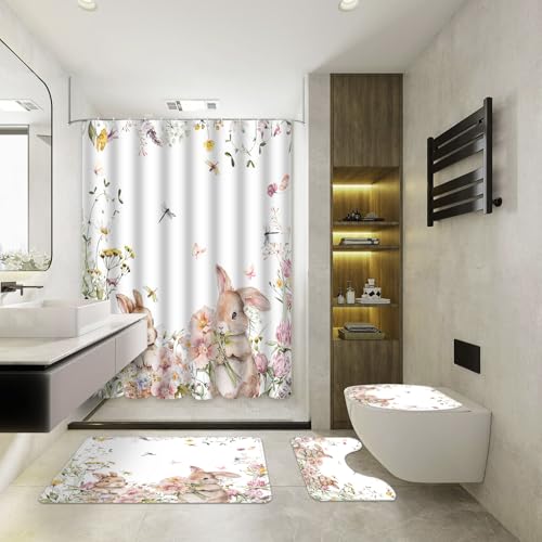 MEHOFOND 4pcs Easter Shower Curtain Sets Spring Easter Bunny Shower Curtain Set for Bathroom Cute Rabbits Floral Plant Watercolor Flower Bathroom Decor with Non-Slip Rugs Toilet Lid Cover and Bath Mat by MEHOFOND - Used condition - Image 2