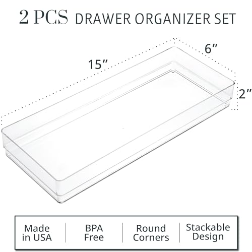 STORi SimpleSort 2-Piece Stackable Clear Drawer Organizer Set | 15" x 6" x 2" Rectangle Trays | Wide Makeup Vanity Storage Bins and Office Desk Drawer Dividers | Made in USA (Pack of 2) - Image 2