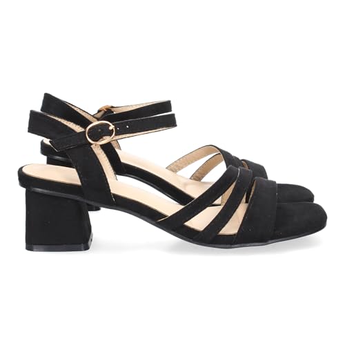 shoes&blues.es 90490 Sandalia de Tacon para Mujer, Comoda, Triple Pala Fina, Estampado Brillante, y Cierre de Hebilla en el Tobillo Negro Talla 40