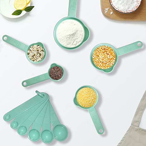 11 Pcs Measuring Cups and Spoons Set, Nesting Measuring Cup Set for Dry and Liquid Ingredient, Premium Plastic Kitchen Tool (sea green)