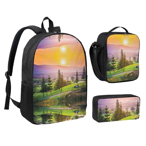 Sac à dos école complet noir boîte à déjeuner et trousse motif golf mixte
