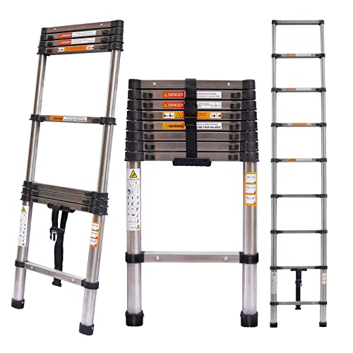 Verlängerungsleiter 2.6M Heavy Duty Teleskopleiter mit Sicherheitsschloss, Verschlussgurt, verstellbare Höhe, für Wohnmobil, Dachrinnenreinigung, EN131, Silber Cover