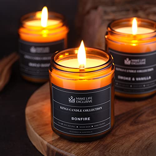 Scented Candles For Men | Bonfire, Mahogany & Teakwood Scented | Wood Wick, Long Lasting, Masculine Scents | Natural Soy Jar Candle For Home, Mancave & Bachelor Pad | The Perfect Mens Gift. #TOP5