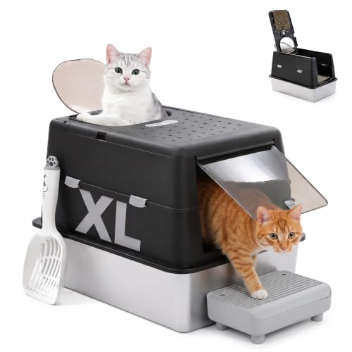 MUTTROS XL Stainless Steel Cat Litter Box with Lid, Dual-Step Pedal, Black