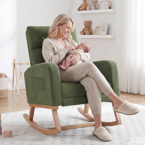 Image of HCHAIRH Rocking Chair Nursery, Nursing Rocking Chairs with Foot Rest for Mom Nursery, Glider Rocker Chair with Footrest and High Backrest for Living Room, Bedroom, Dark Green