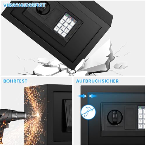 Klein Tresor für Zuhause, 15L Digitaler Möbeltresor Klein mit Feuerfester Wasserdicht Geldtasche, Heimtresor mit Zahlencode und Schlüssel, Wandtresor Sicherheitssafe für Geld Medikamente Schmuck
