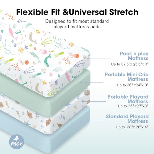 Image of Bimocosy Pack and Play Sheets Fitted 4 Pack, 38 x 26 Inch Pack n Play Mini Crib Sheets for Boys and Girls, Soft Stretchy Playard Mattress Sheets for Graco Pack n Play, Ocean World