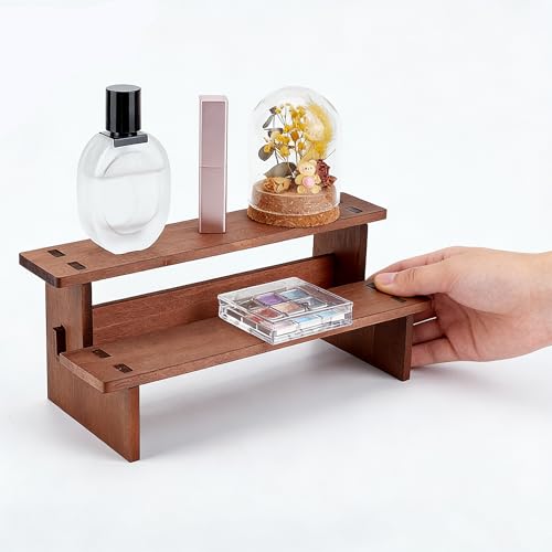 NBEADS 2-Tier Wooden Display Riser Shelf, 29.6x11.9x9.6cm Camel Tabletop Small Food Stand Risers Display Makeup Step Perfume Organizer for Fragrance Cosmetics Figure Collection