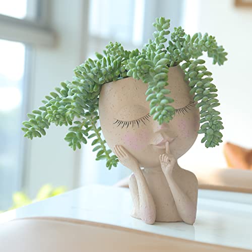 Hunthawk Face Planters Pots Unique For Indoor Outdoor Plants Resin Head Planter With Drainage Hole Cute Lady Face With Closed Eyes (Light) #TOP3