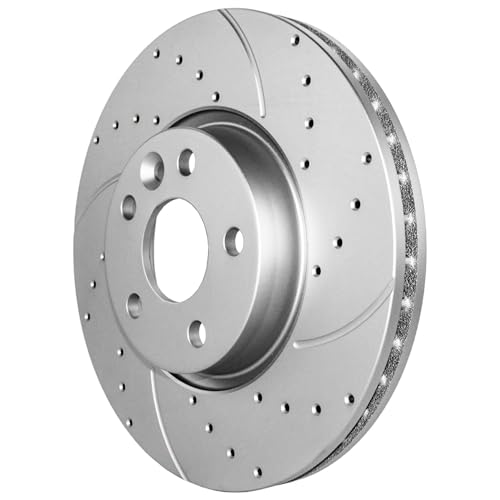 Image of Detroit Axle - 6pc Front Brake Kit for 11-18 Volvo S60 08-10 V70 08-16 XC70 07-16 S80 15-18 V60, 12-15 Land Rover Range Rover Evoque, Drilled Disc Brake Rotors Ceramic Brakes Pads : 11.81 inch inch Rotor