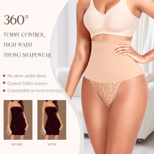 Image of Werena Thong Shapewear for Women Tummy Control Seamless High Waist Body Shaper Underwear Shaping Panties(#344 Lace Beige, Small)