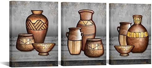 RyounoArt 3 Piece Vintage Copper Vase Canvas Wall Art Ancient Pottery Southwest Painting Pictures African Style Prints Artwork for Farmhouse Kitchen Wall Decor Framed Ready to Hang