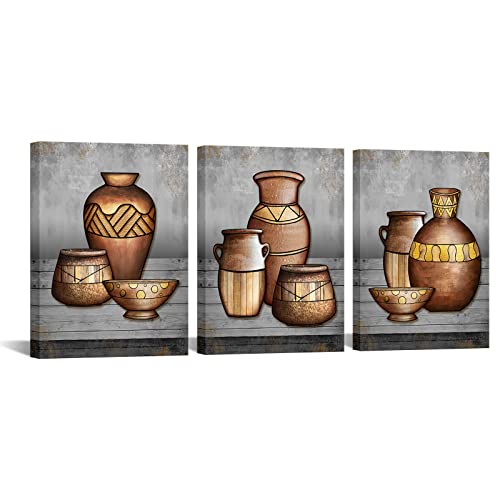 Ryounoart 3 Piece Vintage Copper Vase Canvas Wall Art Ancient Pottery Southwest Painting Pictures African Style Prints Artwork For Farmhouse Kitchen Wall Decor Framed Ready To Hang #TOP2