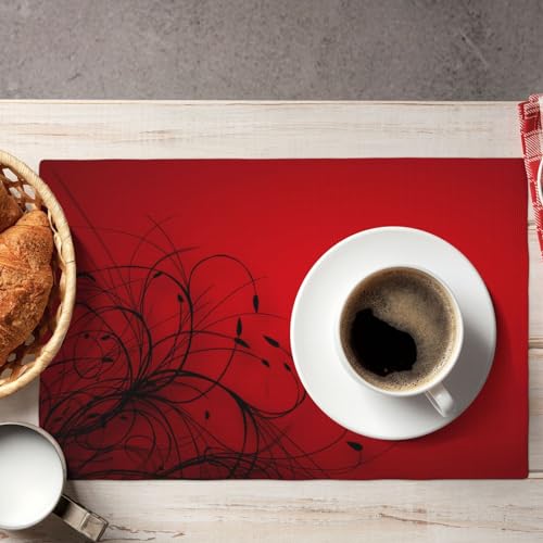 Vigginer VIGGINER-0509-RF-QZ-DP-08 Red Black Abstract Flower Placemats Set Of 4 Retro Floral Linen Washable Placemat Kitchen Dining Heat-Resistant Modern Rustic Place Mats Desktop Decor Table Mats 12X18 Inch thumb #6
