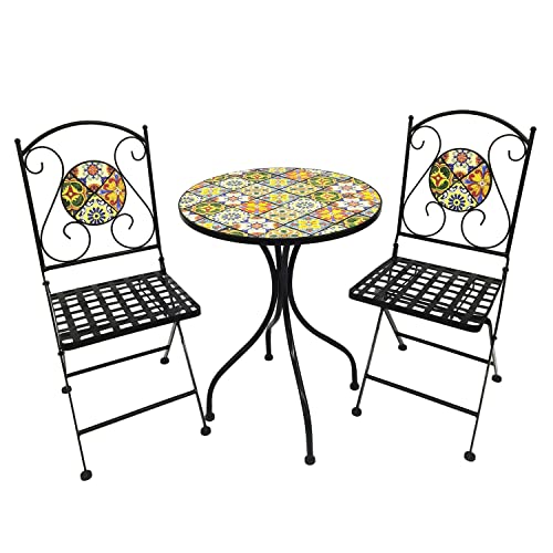 Dekoratives Mosaik Set 3-teilig Sitzgarnitur Sitzgruppe Gartentisch Stühle Gartenmöbel Bistrotisch
