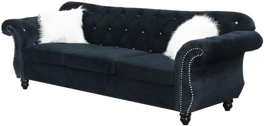 Pemberly Row 93 Inch Velvet Sofa, Black Upholstery, Crystal Tufted Backrest, Nailhead Trim, Turned Legs, Transitional Modern Style, Foam Cushions, Elegant Living Room Seating