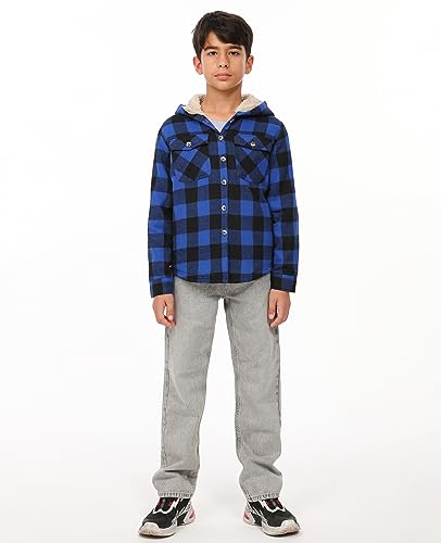 Image of ZENTHACE Boys Sherpa Fleece Lined Flannel Plaid Button Down Shirt Jacket,Hooded Flannel Shirt with Hand Pockets