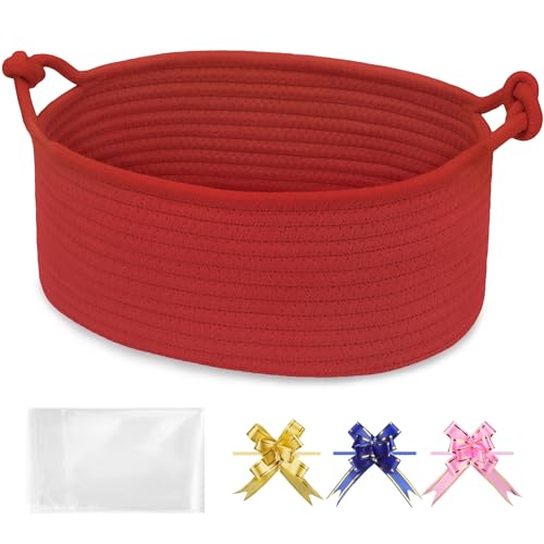 BOSROTY Baby Gift Baskets Empty with Handle Small Woven Basket with Gift Bags and Ribbons Decorative Organizer Box for Baby Pet Toy 12 x 8 x 5 Red