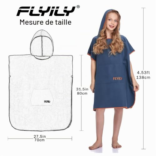 FLYILY Poncho de Surf Unisexe léger, avec Capuche, en Microfibre, avec Poche, pour Enfant, Bleu (Navy, Small - pour Enfant) – vue 5