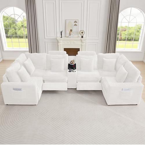 Image of RARZOE Oversized Modular Sectional Sofa with 2 Power Recliner, 6-Seater U-Shaped Corduroy Reclining Couch with Storage Console Charging Cup Holders, Sectional Reclining Couches for Living Room,White