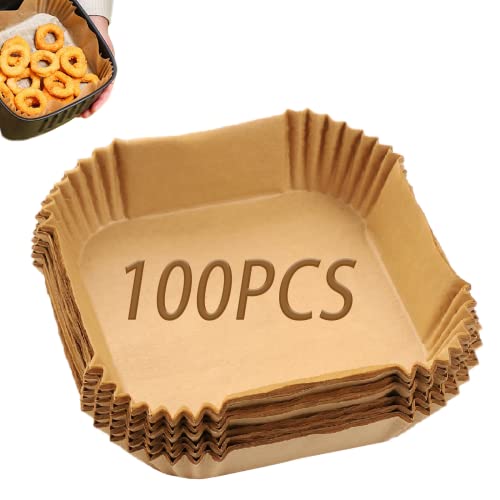 BOZKAA Heißluftfritteuse Backpapier Quadrat,100 Stück Einwegschalen Airfryer Backpapier, Wasserdicht Ölfest Air Fryer Zubehör, 16cm Lebensmittelqualität Pergamentpapier für Ninja, Tower, Cosori