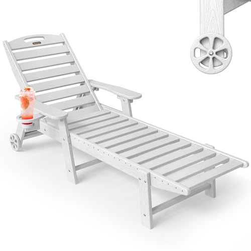SUUNYN Chaise Lounge Outdoor, Lounge Chair Outdoor with Wood Texture, Adjustable 5-Position Backrest, HDPE Lounge Chair with Wheels & Cup Holder for Pool Deck Backyard, White