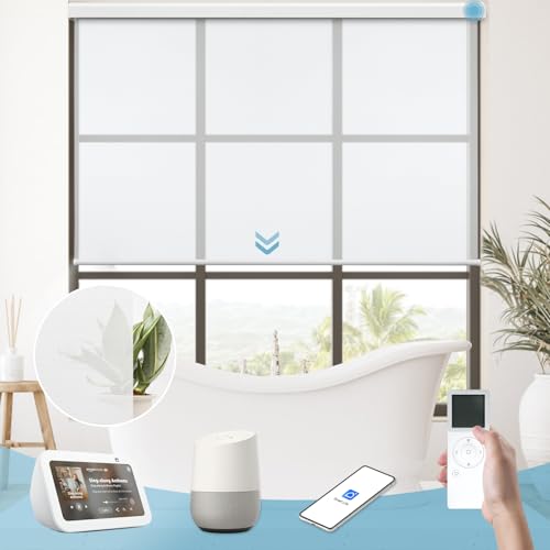 Videma Motorized Light Filtering Shades with Remote Control Smart Rechargeable Blinds Compatible with Alexa and Google Solar Flame Retardant Automatic Window Blinds Custom Size (Sun-3% Openness White)