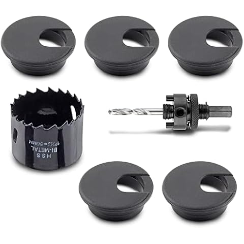 Zorveiio 2 Inch Desk Hole Grommet Desk Cord Grommet with Bi-Metal Hole Saw Drill Bits, Cable Hole Cover Plastic Wire Grommets Desk Grommet Kit Wire Protection - 5 Pcs, Black Cover