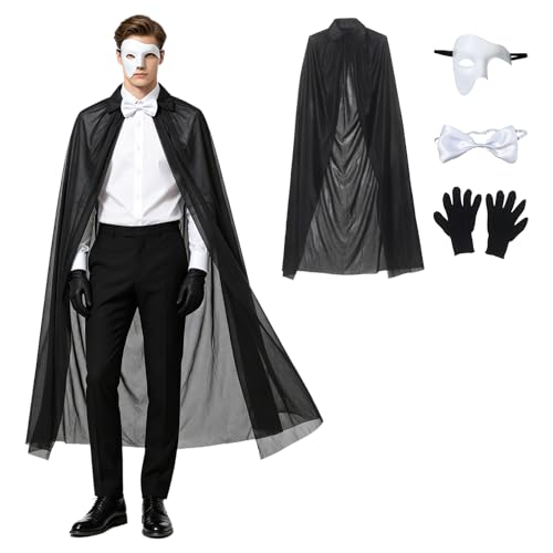 Riismen 4 Pcs Black Magician Set Half Face Mask Bowtie Cape and Gloves Gothic Fashion for 1970s Retro Cosplay White One Size