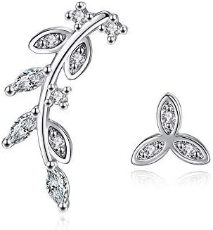 925 Sterling Silver Stud Earrings Jewellery Asymmetrical Flower Leaves Ear Pins Female Crystal Ear Accessories