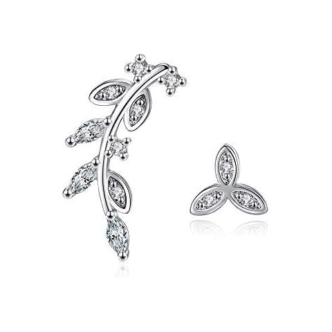 925 Sterling Silver Stud Earrings Jewellery Asymmetrical Flower Leaves Ear Pins Female Crystal Ear Accessories Cover