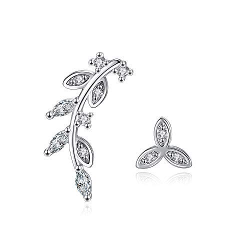 Pendientes de plata de ley 925 con diseño asimétrico de hojas de flores, accesorios para orejas de cristal femenino, Cristal Plata de ley Cover