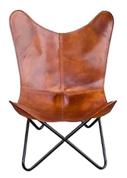 Classy Handmade Leather Living Room Chairs-Butterfly Chair Tan Side Hand Stich Leather Butterfly Chair-Handmade with Powder Coated Folding Iron Frame (Cover with Folding Frame) (Stylish Black Frame)