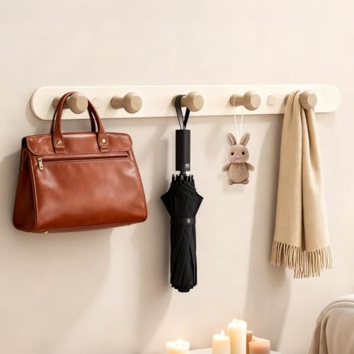 Cutefat Porte manteau mural bois 5 crochets hêtre massif acier 43cm | hêtre massif et acier – robuste, espacement optimal, fixation facile. Idéal pour entrée, chambre, cuisine & salle de bain.
