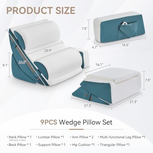 Image of Yojoker 9PCS Orthopedic Bed Wedge Pillow Set for Sleeping, Back and Leg Pain Relief, Post Surgery Foam Pillow for Body, Triangle Adjustable Support Pillow - Acid Reflux Sleeping Pillows Navy