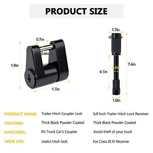 Cenipar Trailer Hitch Lock Receiver Long Hitch Pin 5/8 Inch Diameter 4 Inch Long For Truck Car And Boat Fits Class Iii, Iv, V Hitches Towing Locks, 1/4” Dia Trailer Coupler Lock With 3/4” Inch Span #TOP1