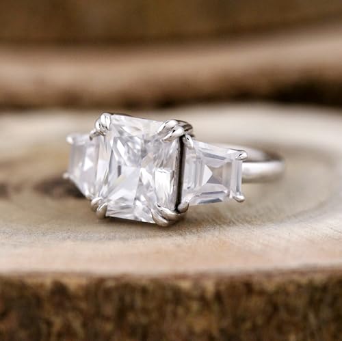 Radiant Cut Diamond 3 Stone Engagement Ring Side Stone Trapezoids and Radiant Wedding Ring 14K White Gold Plated Gifted Ring.size 3-12 (USA)3