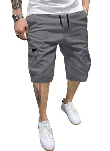 PIDOGYM Men Cargo Shorts with Drawstring Durable 6 Pocket Outdoor Work Shorts, Relaxed Fit Cotton Tactical Hiking Half Pants Dark Grey
